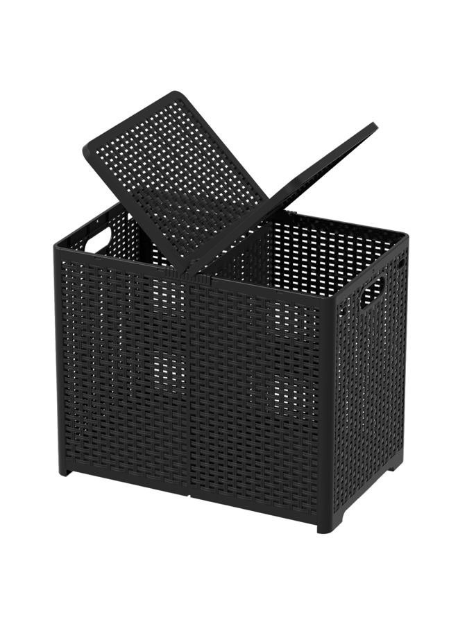 Asking 80L Collapsible 2 Section Divided Clothe Hamper, Plastic Folding Laundry Basket, Black, F - Image 1