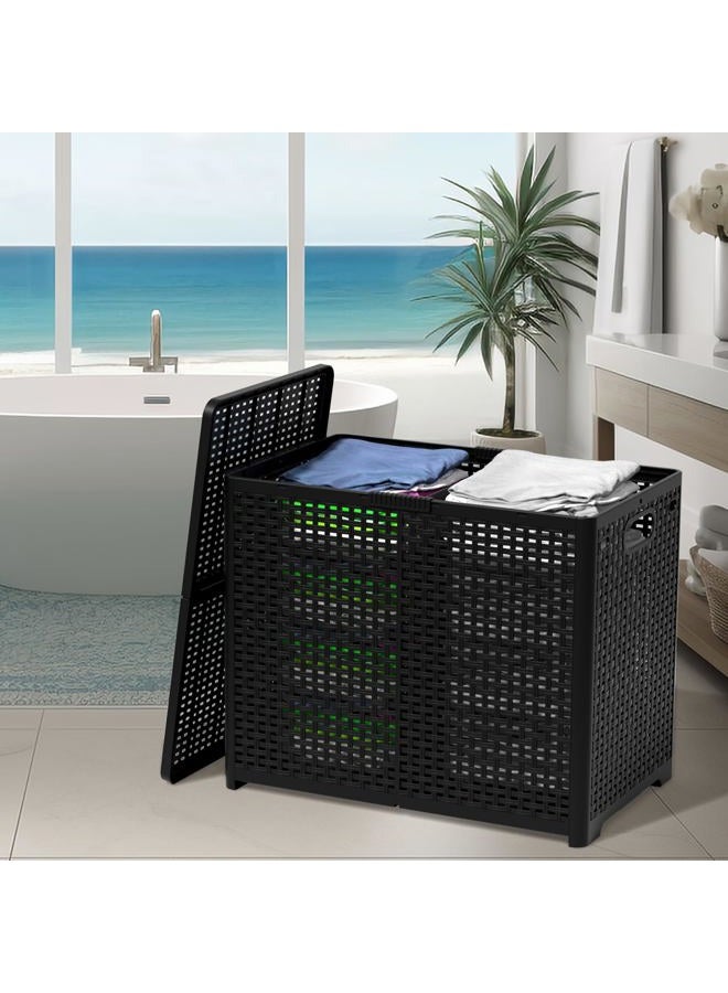 Asking 80L Collapsible 2 Section Divided Clothe Hamper, Plastic Folding Laundry Basket, Black, F - Image 5