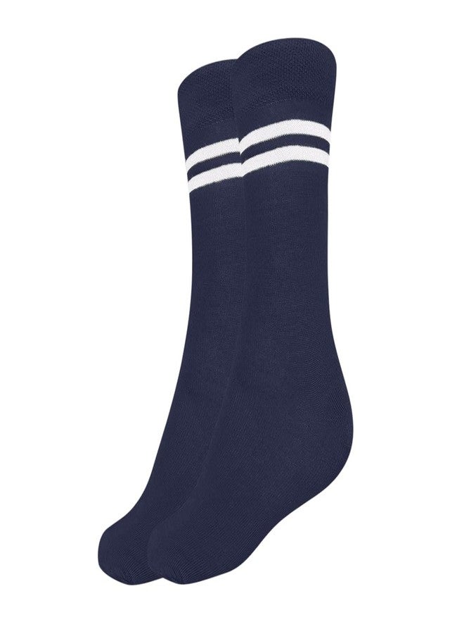 MUKHAKSH (Pack of 2 Pairs Boys Kids Navy Blue Socks with White Stripes, Navy Blue with White Stripes Calf Length School Uniform Dress Socks, 3-4 Years - Image 2