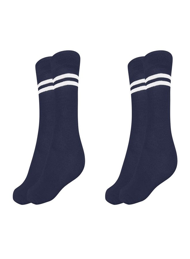 MUKHAKSH (Pack of 2 Pairs Boys Kids Navy Blue Socks with White Stripes, Navy Blue with White Stripes Calf Length School Uniform Dress Socks, 3-4 Years - Image 1