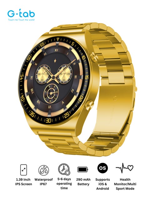 G-Tab GT3 Pro Golden Edition Smart watch, 1.39 Inches display, 128MB memory, 290mAh Battery, IP67 water proof, support calling, heart rate blood oxygen, calorie tracking, sports mode, etc.