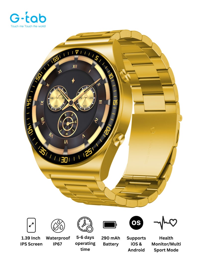 G-Tab - G-Tab GT3 Pro Golden Edition Smart watch, 1.39 Inches display, 128MB memory, 290mAh Battery, IP67 water proof, support calling, heart rate blood oxygen, calorie tracking, sports mode, etc. - Image 1