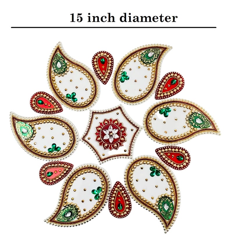 Moira Rangoli Big Acrylic White & Red 12 pcs Set for Festival Decorations - Image 2