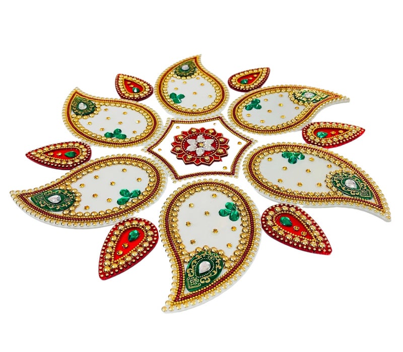 Moira Rangoli Big Acrylic White & Red 12 pcs Set for Festival Decorations - Image 5