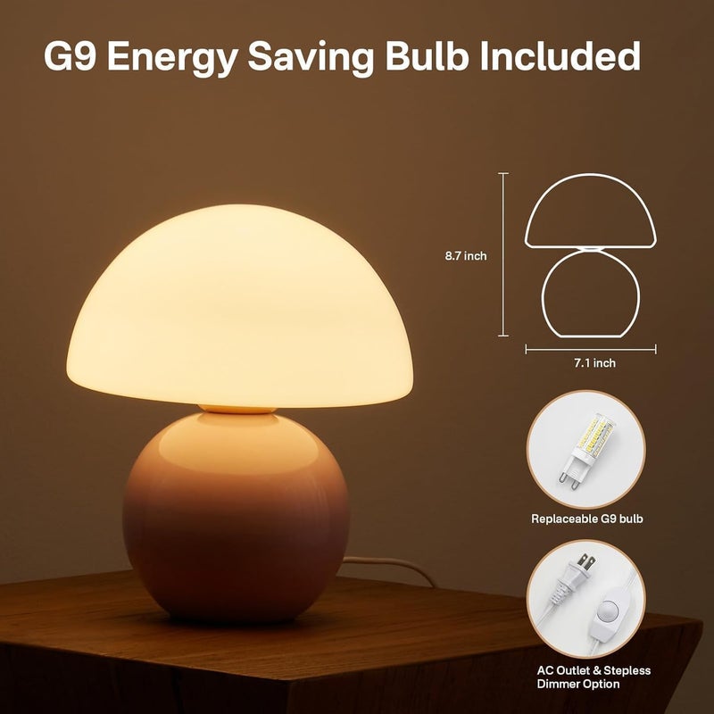 Dawnwake Mushroom Lamp Small Lamp, Table Bedside Nightstand Lamp for Bedroom, Cute Mini Modern Lamp Dimmable, Unique Aesthetic Home Decor for Living Room Girl Gifts, Ceramic Base Glass Lamp(Pink) - Image 4