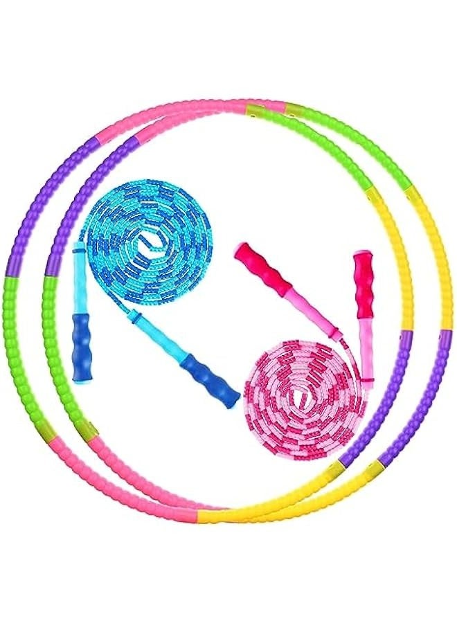 TRASSLE 4Pcs Kid's Hoops and Jump Ropes, Segmented Soft Beaded Rope and Weighted Detachable Exercise Hoop, Size Adjustable for Kids and Adults,Kids Hula Rings for Sports, Exercise, Playing - Image 1