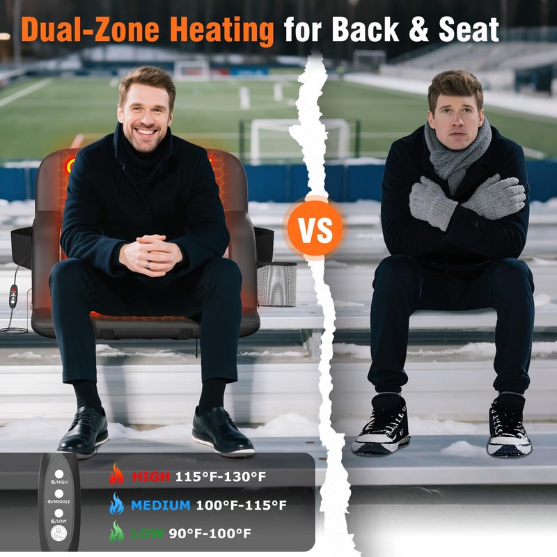 Suteck Dual-Side Heated Stadium Seat with Back Support, Wide Cushion, Foldable Bleacher Chair W/USB 3-Level Heating, 5 Storage Pockets â€“ Portable Stadium Chair for Outdoor Bleachers Camping Games - Image 3