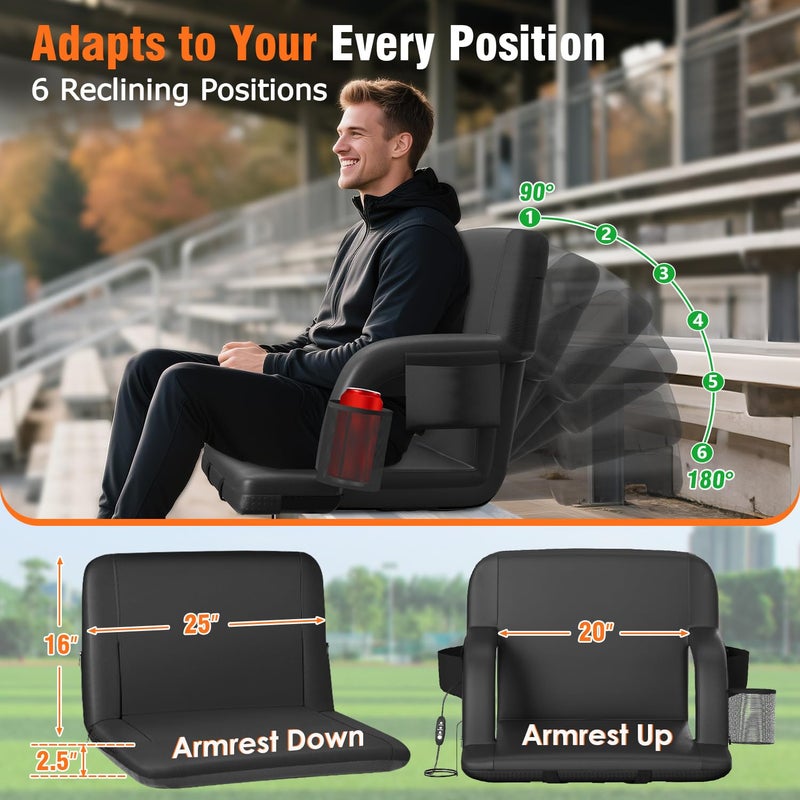 Suteck Dual-Side Heated Stadium Seat with Back Support, Wide Cushion, Foldable Bleacher Chair W/USB 3-Level Heating, 5 Storage Pockets â€“ Portable Stadium Chair for Outdoor Bleachers Camping Games - Image 2