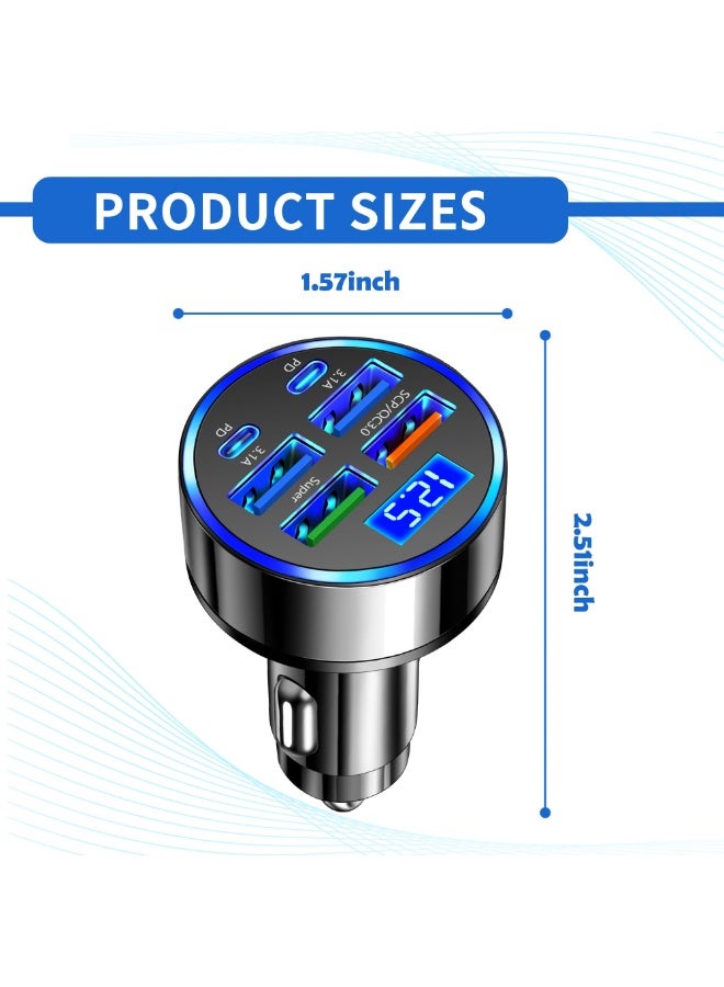 شاحن سيارة 6 منافذ (PD+QC3.0)، شاحن سيارة سريع الشحن متوافق مع iPhone 15/14/13 Galaxy جميع الهواتف الذكية، شواحن سيارة USB C متعددة الوظائف مع شاشة رقمية LED - Image 2