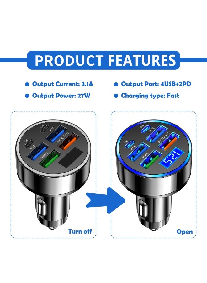 شاحن سيارة 6 منافذ (PD+QC3.0)، شاحن سيارة سريع الشحن متوافق مع iPhone 15/14/13 Galaxy جميع الهواتف الذكية، شواحن سيارة USB C متعددة الوظائف مع شاشة رقمية LED - Image 3