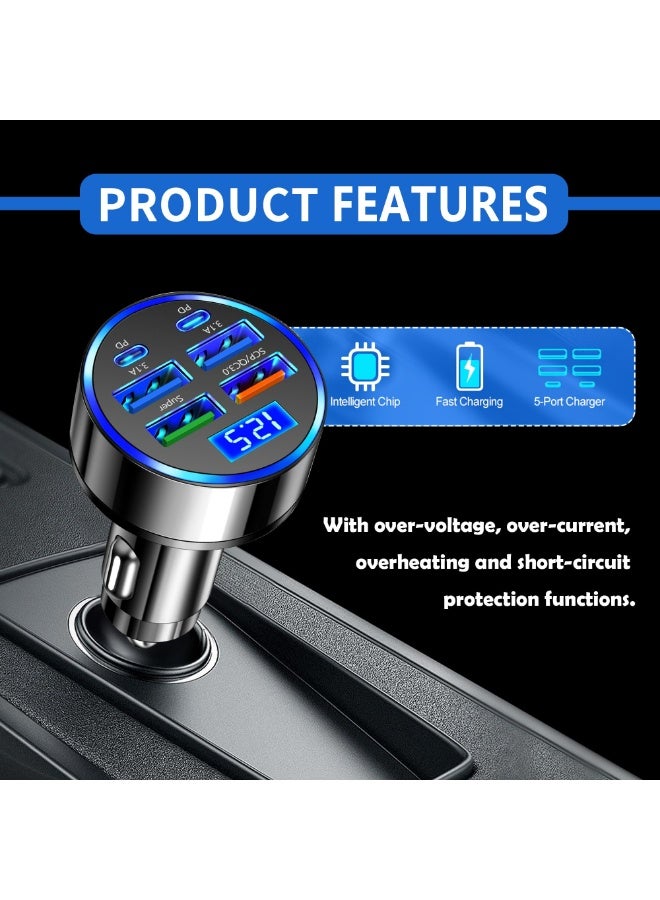 شاحن سيارة 6 منافذ (PD+QC3.0)، شاحن سيارة سريع الشحن متوافق مع iPhone 15/14/13 Galaxy جميع الهواتف الذكية، شواحن سيارة USB C متعددة الوظائف مع شاشة رقمية LED - Image 4