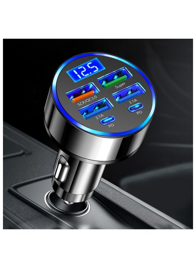 شاحن سيارة 6 منافذ (PD+QC3.0)، شاحن سيارة سريع الشحن متوافق مع iPhone 15/14/13 Galaxy جميع الهواتف الذكية، شواحن سيارة USB C متعددة الوظائف مع شاشة رقمية LED - Image 1
