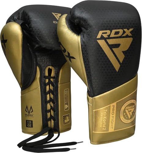 RDX Professional Boxing Gloves, Mark PRO Lace-Up Competition Gloves, Super Skin Maya Hide Leather, Padded Wrist Support, Multi-Layered, Traditional Extra Long Laces for Firm Secure Fit (Golden, 10 OZ) - Image 2