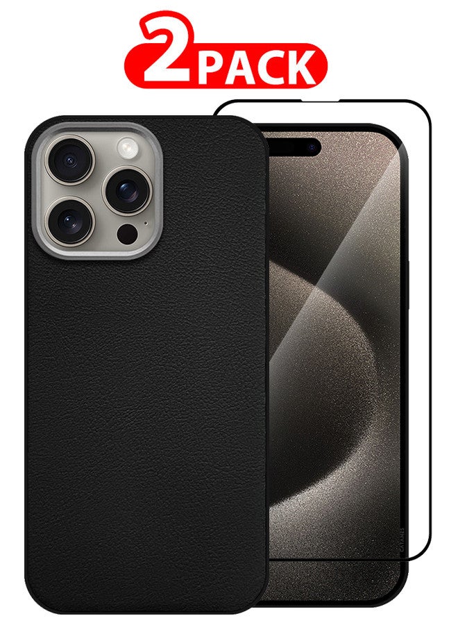 CATANES (for iPhone 15 Pro) 2 Pack Case Cover and Screen Protector Leather Case with Lens Frame Shockproof Full Body Protective Cover Black - Image 1