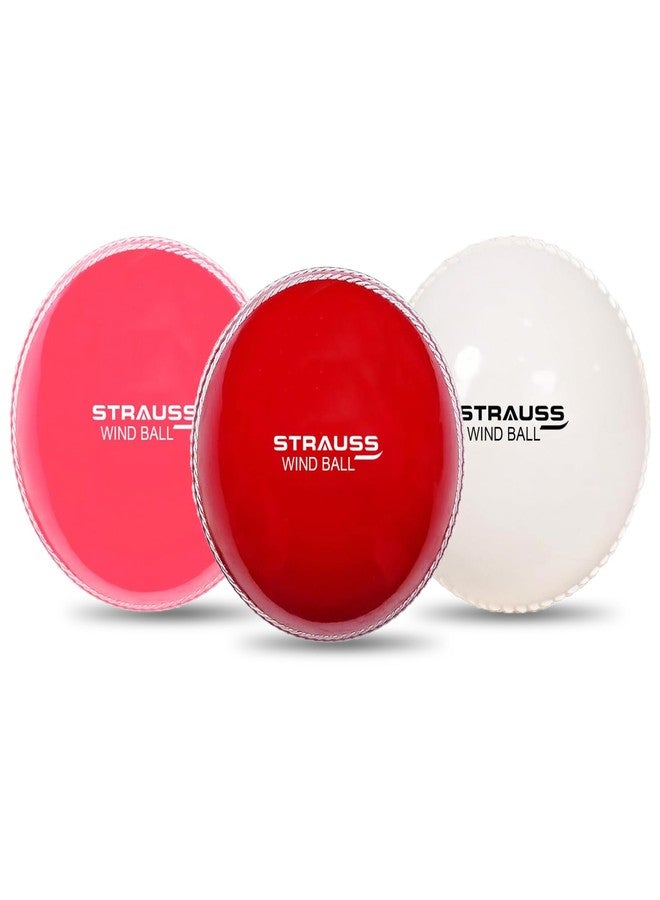Strauss Synthetic Cricket Balls | Model: Wind | Standard Size | Pack of 3 Color: Red, White and Pink | for Matches & Practice | for All Age Groups | Lightweight Wind Ball - Image 1