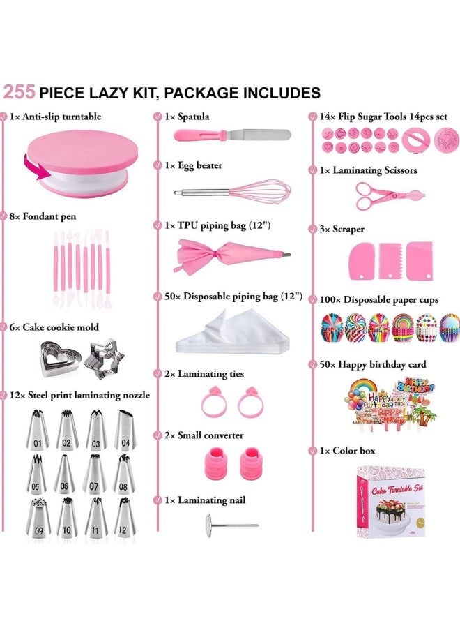 general 255 pieces of pink cake turntable set, decorating supplies, baking accessories, fondant tool set - Image 2