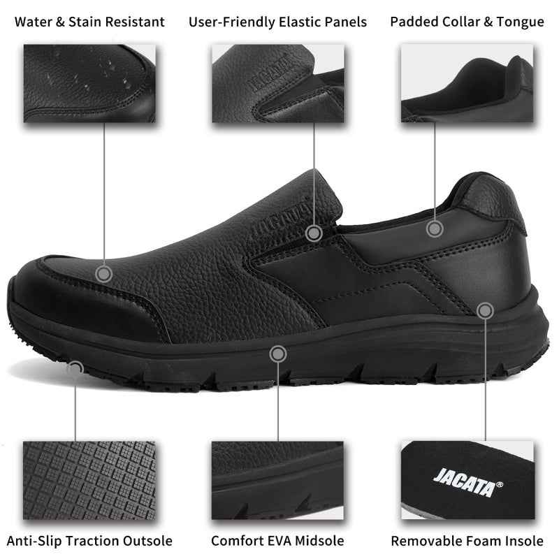 Jacata Non Slip Work Shoes for Men, Water Resistant Leather Mens Food Service Chef Shoes, Slip on Restaurant Kitchen Sneakers (Size 7.5) Black - Image 3