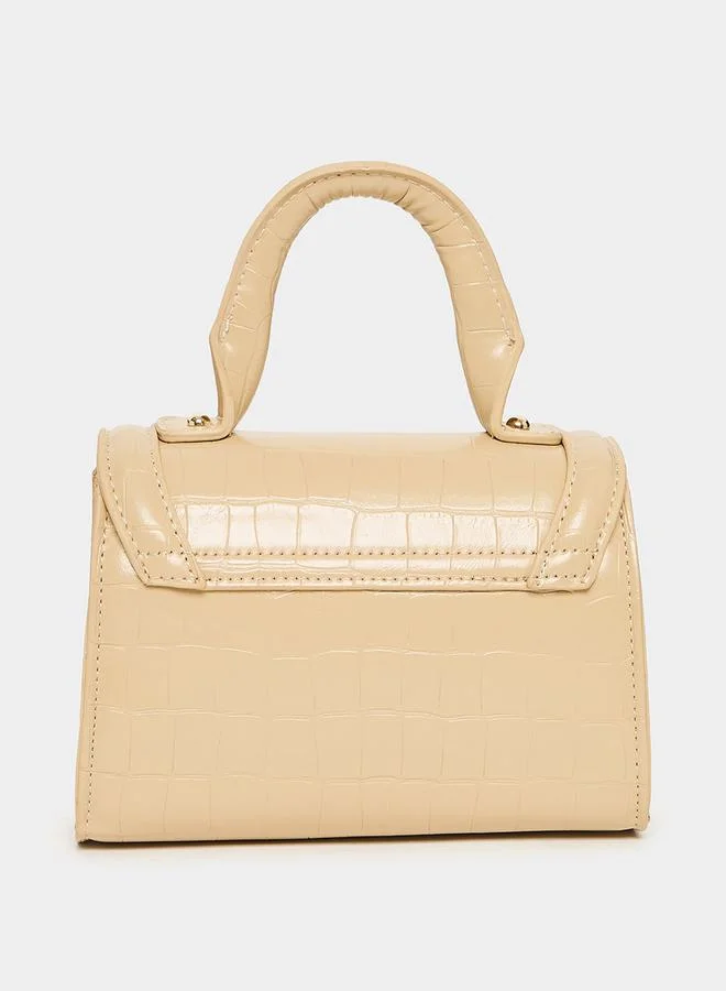 Styli Curved Flap Textured Handbag with Chain Strap