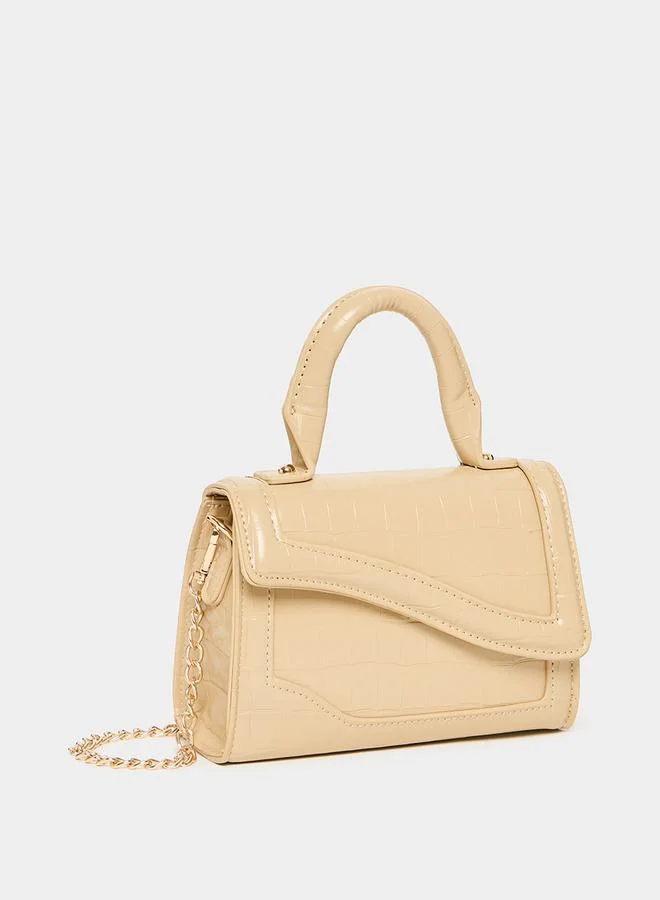 Styli Curved Flap Textured Handbag with Chain Strap