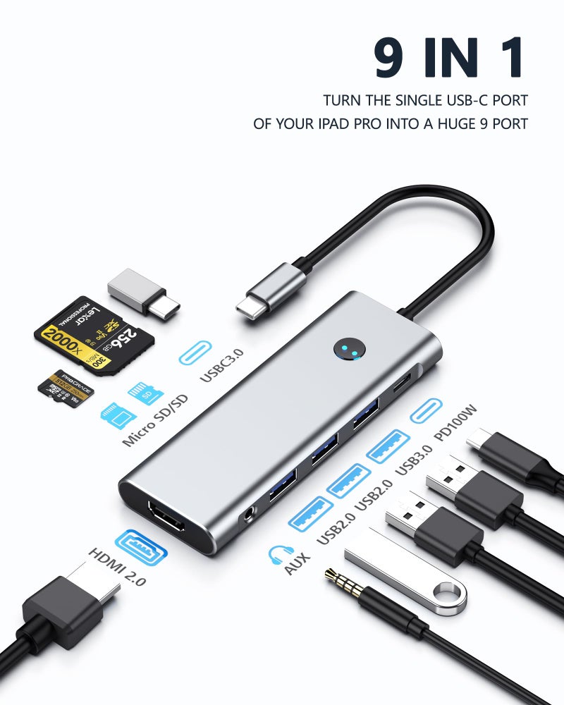 BKELHS USB C HUB for iPad Pro Adapter 4K 60Hz HDMI, 100W PD, SD/TF Card Reader, 3 USB A Port, 3.5mm Audio Jack, 9 in 1 USB C Dock for iPad Air/Galaxy Dex/Tablet/MacBook/iMac/iPhone 17/Steam Deck/HP/Dell - Image 4