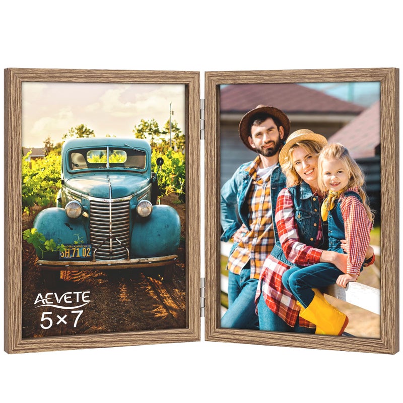 AEVETE 5x7 Picture Frames Double Hinged Wood Folding Photo Frames Vertical with Real Glass Front