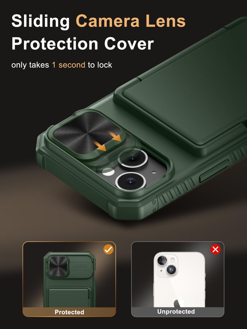 Vihibii for iPhone 15/14/13 Wallet Case, Built-in Card Holder (4 Cards), RFID Blocking & Slide Camera Cover, Military Grade Drop Protection, TPU Soft Edge Phone Case, Green - Image 4