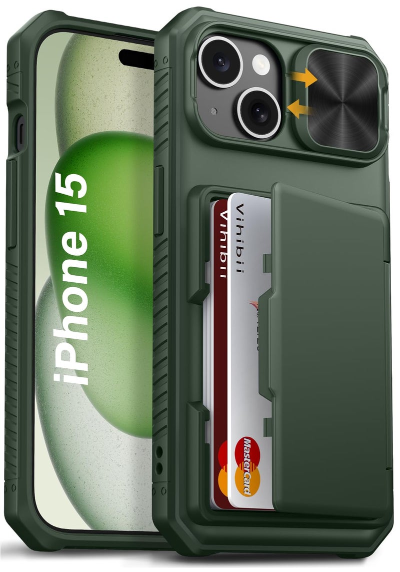 Vihibii for iPhone 15/14/13 Wallet Case, Built-in Card Holder (4 Cards), RFID Blocking & Slide Camera Cover, Military Grade Drop Protection, TPU Soft Edge Phone Case, Green - Image 1