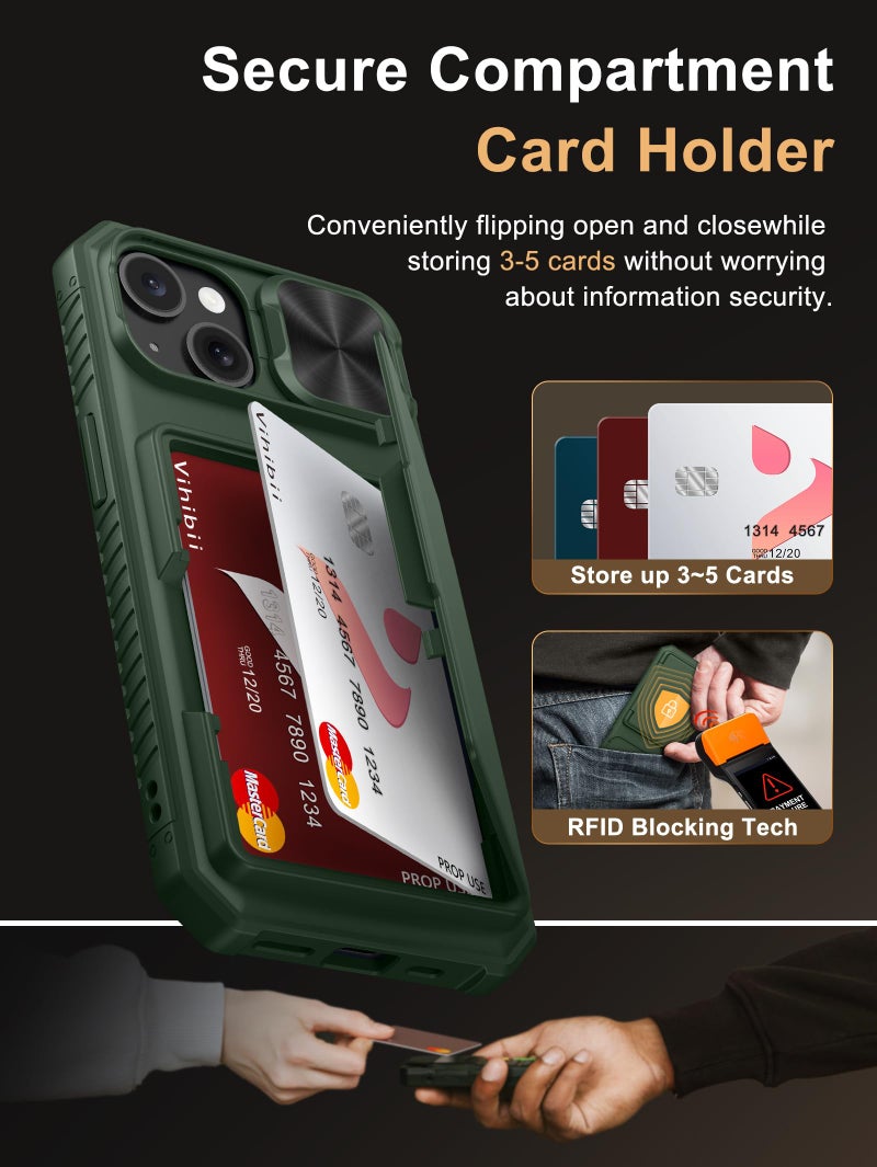 Vihibii for iPhone 15/14/13 Wallet Case, Built-in Card Holder (4 Cards), RFID Blocking & Slide Camera Cover, Military Grade Drop Protection, TPU Soft Edge Phone Case, Green - Image 3