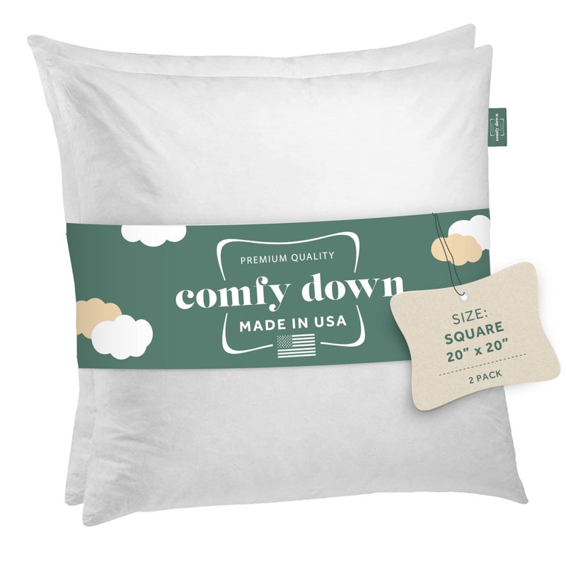 ComfyDown Set of Two20X20 Decorative Throw Pillow Insert Down and Feathers Fill 100 Cotton Cover 233 Thread Count Square Pillow Insert  Made in USA 