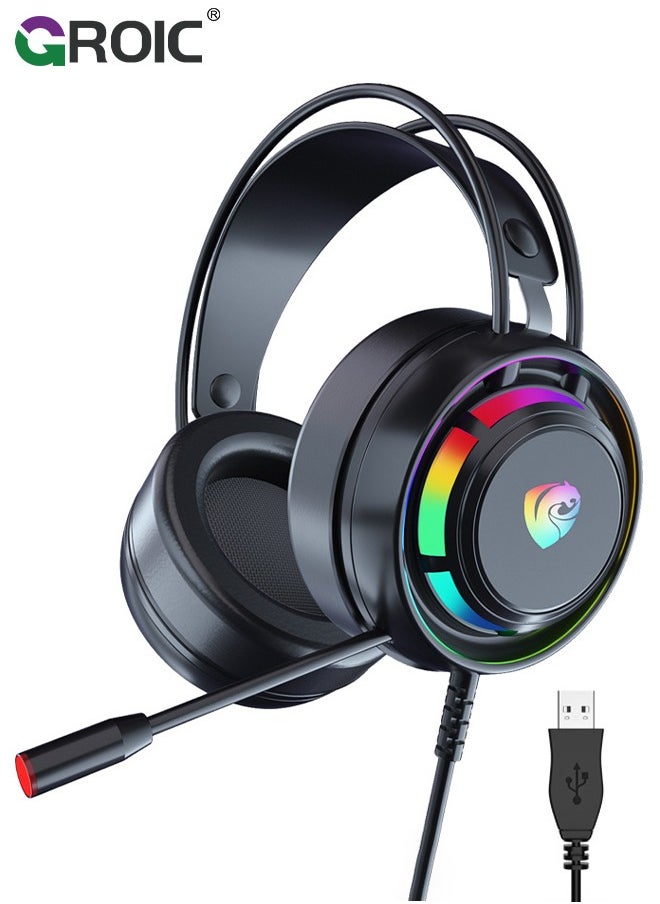 GROIC PC Headset with Dynamic Sensory & Noise-Cancelling Mic, 7.1 Surround Sounds, Mute Controls, LED Light, RGB Light for WFH PC, Laptop, Mac  - Image 1