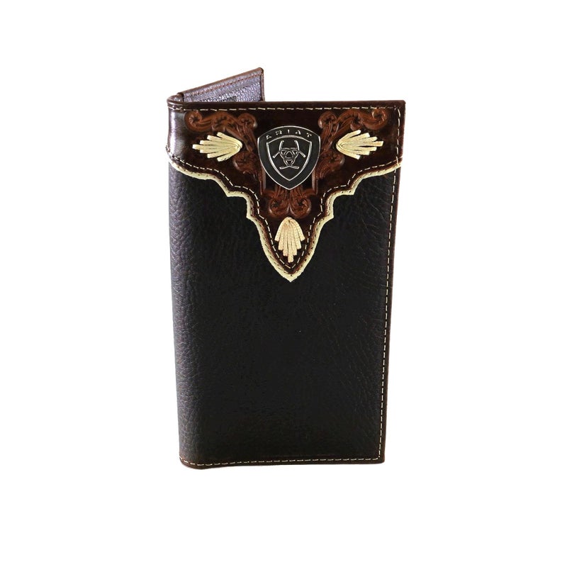 ARIAT Men's Rodeo Wallet, Medium Brown Distressed Leather with Embossed Overlay and Ivory Trim, Silver Logo Concho - Image 1