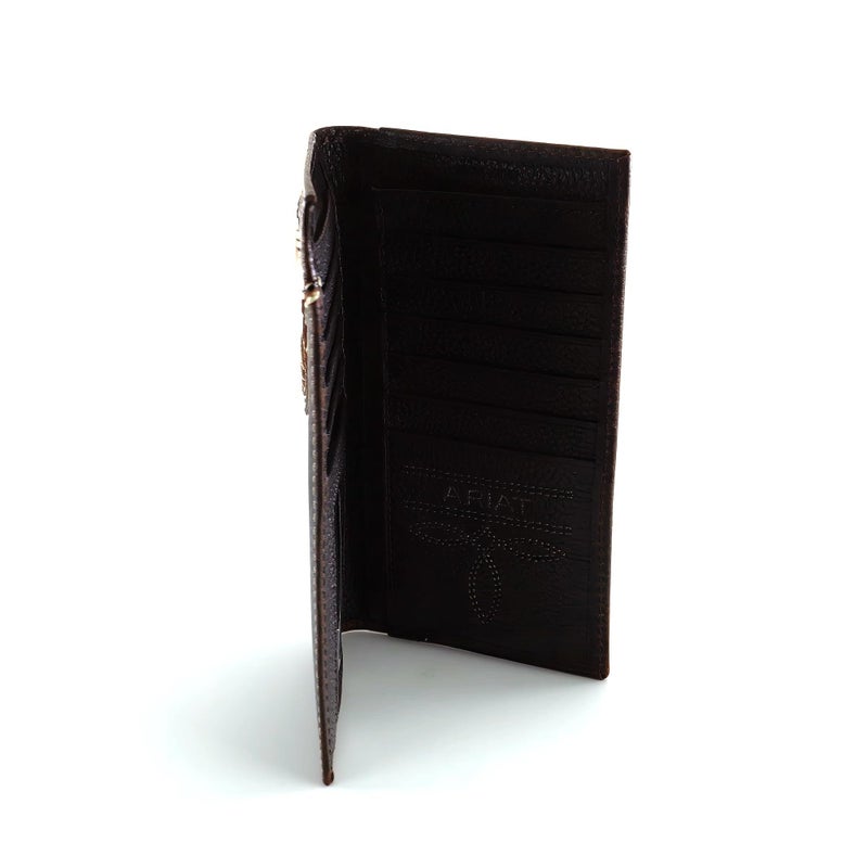 ARIAT Men's Rodeo Wallet, Medium Brown Distressed Leather with Embossed Overlay and Ivory Trim, Silver Logo Concho - Image 5