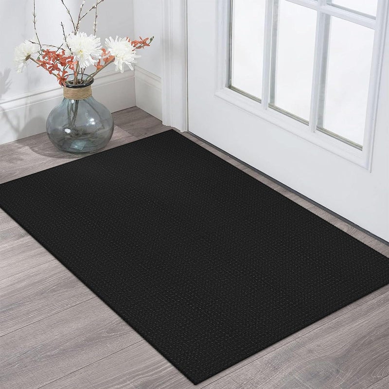 KOZYFLY Indoor Door Mat 2x3 ft Small Area Rugs Washable Front Door Mat Non Slip Rubber Backed Entryway Rug Cotton Entrance Doormat for Front Porch Bathroom Kitchen Bedroom, Black/Dark Grey - Image 1