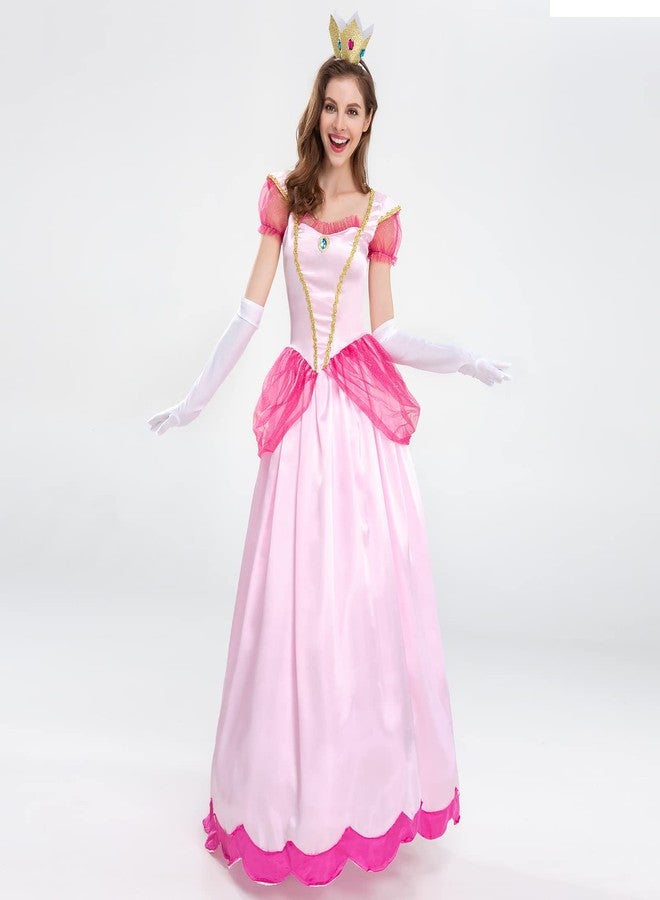 AGYMNX Womne's Princess Peach Costume with Crown and Gloves Halloween Birthday Party Dress up Fancy Costume Cosplay Outfit Pink XL - Image 3