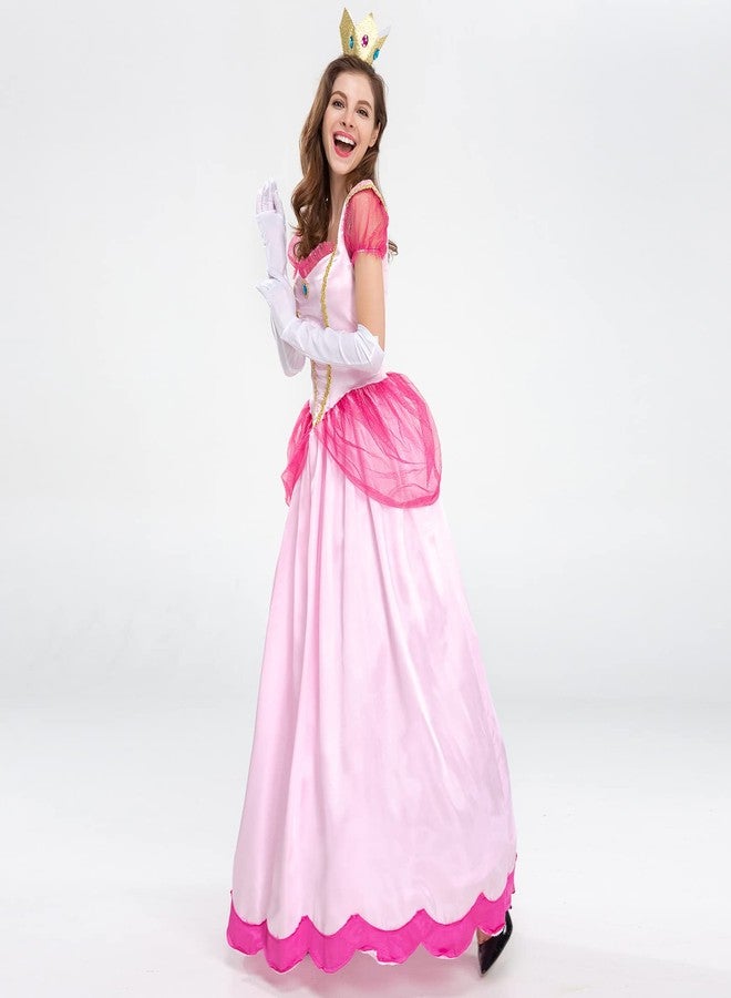 AGYMNX Womne's Princess Peach Costume with Crown and Gloves Halloween Birthday Party Dress up Fancy Costume Cosplay Outfit Pink XL - Image 4