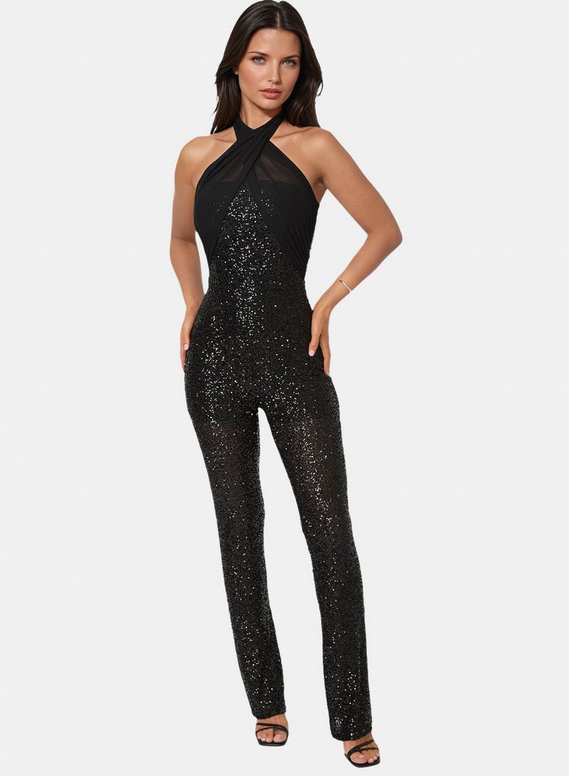 bebe Sequin Halter Mini Flare Leg Jumpsuit - Image 1