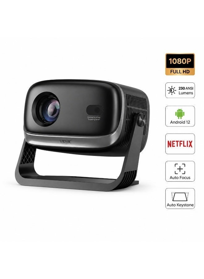 VIDVIE Full HD 1080P Smart Portable Projector | Android 12 with Built-in Netflix, Auto Focus & Auto Keystone, 120-Inch Display, Rotating Stand for Home Cinema, Gaming & Ceiling Projection – Black - Image 1