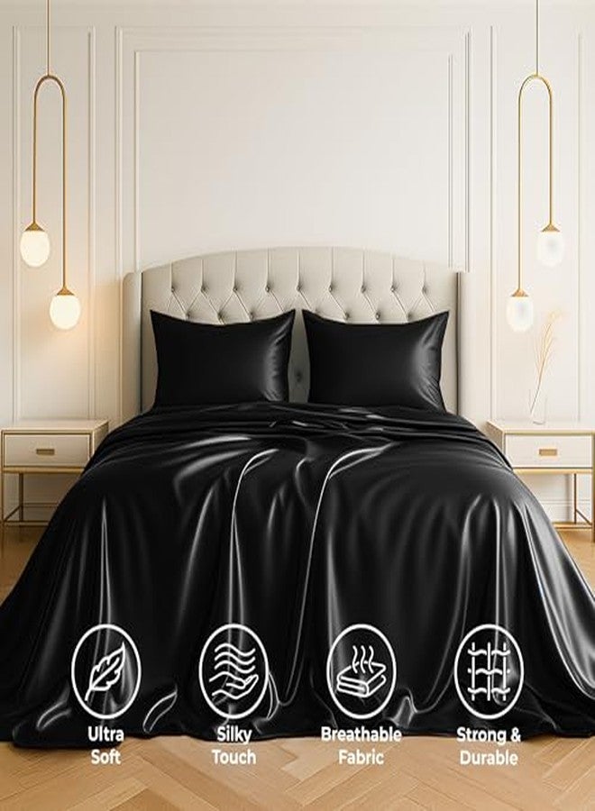 Pure Bedding Satin Sheets California King [4-Piece, Black] Luxury Silky Bed Sheets - Extra Soft 1800 Microfiber Sheet Set, Wrinkle, Fade, Stain Resistant - Deep Pocket Fitted Sheet, Flat Sheet, Pillow Cases - Image 3