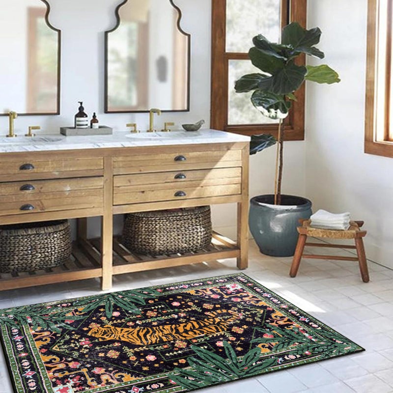 Aldopein Oriental Tropical Entryway Rugs Washable, Thin Black Boho Vintage Distressed Hippie 2x3 Throw Rugs for Bathroom Kitchen Indoor Doormat Non-Slip Abstract Botanical Tribal Indian Accent Carpet - Image 2