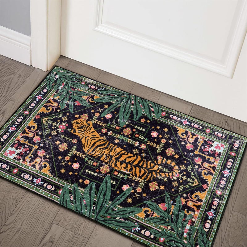 Aldopein Oriental Tropical Entryway Rugs Washable, Thin Black Boho Vintage Distressed Hippie 2x3 Throw Rugs for Bathroom Kitchen Indoor Doormat Non-Slip Abstract Botanical Tribal Indian Accent Carpet - Image 1
