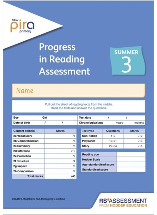New PiRA Test 3, Summer PK10 (Progress in Reading Assessment) 