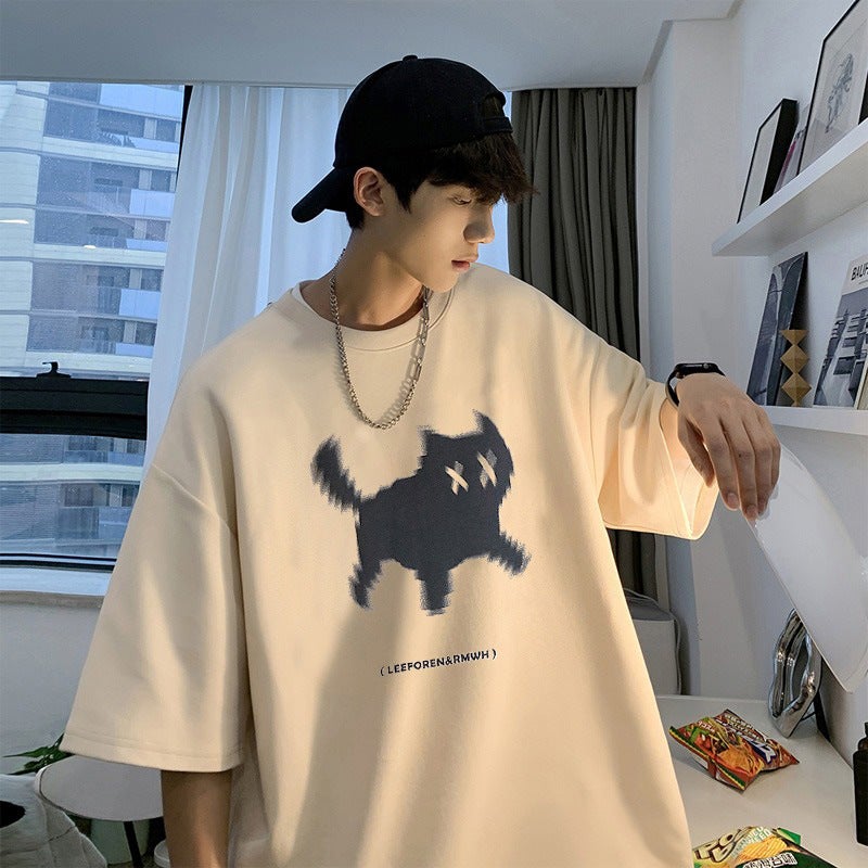 Cat Printed Heavy T-Shirt Mens Fashionable Brand Summer American Style Retro Clothes Short Sleeve Design Sense Cotton Half Sleeve Fashionable White - Image 2
