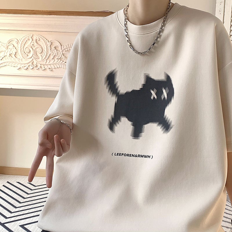 Cat Printed Heavy T-Shirt Mens Fashionable Brand Summer American Style Retro Clothes Short Sleeve Design Sense Cotton Half Sleeve Fashionable White - Image 5