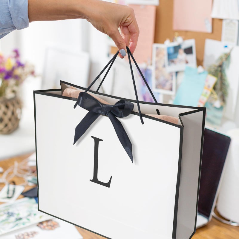 QLSKO Monogrammed Gift Wrap Bag Personalized Initial Paper Bag with Card Matching Envelope Sticker,Bow Ribbon and Wrapping Tissue Birthday Gifts for Women Men (White, L-Medium) - Image 4