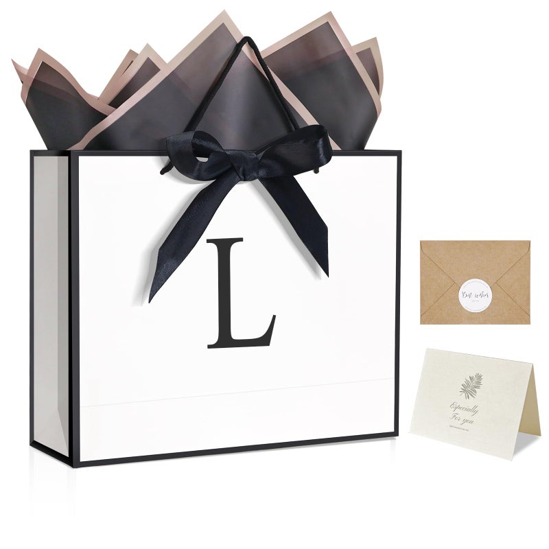 QLSKO Monogrammed Gift Wrap Bag Personalized Initial Paper Bag with Card Matching Envelope Sticker,Bow Ribbon and Wrapping Tissue Birthday Gifts for Women Men (White, L-Medium) - Image 1