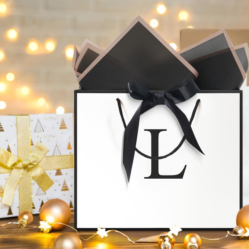 QLSKO Monogrammed Gift Wrap Bag Personalized Initial Paper Bag with Card Matching Envelope Sticker,Bow Ribbon and Wrapping Tissue Birthday Gifts for Women Men (White, L-Medium) - Image 5