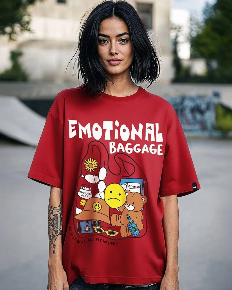 bewakoof Women's Red Emotional Baggage Graphic Printed Oversized T-shirt