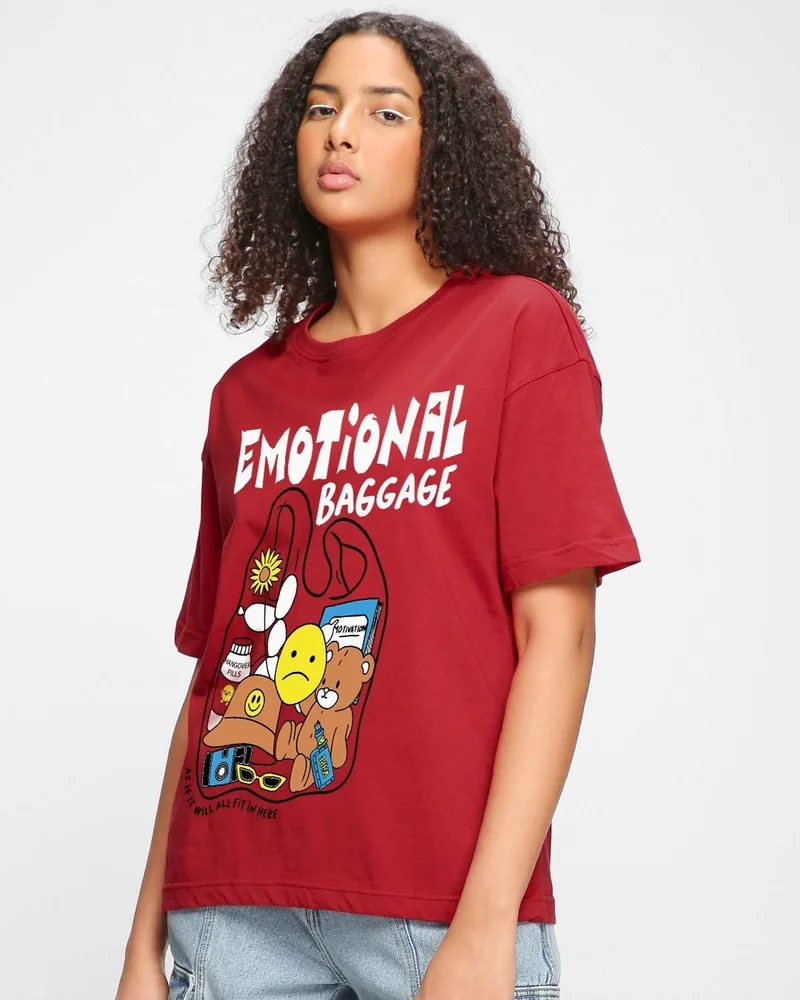 bewakoof Women's Red Emotional Baggage Graphic Printed Oversized T-shirt