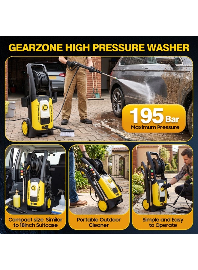 جيرزون غسالة ضغط كهربائية من GearZone، بقوة 2500 واط، وضغط عالٍ 195 بار، ومعدل تدفق 5.5 لتر/دقيقة، ونظام إيقاف تلقائي، مثالية لتنظيف السيارات والأسوار والممرات والباحات والمنازل. - Image 2