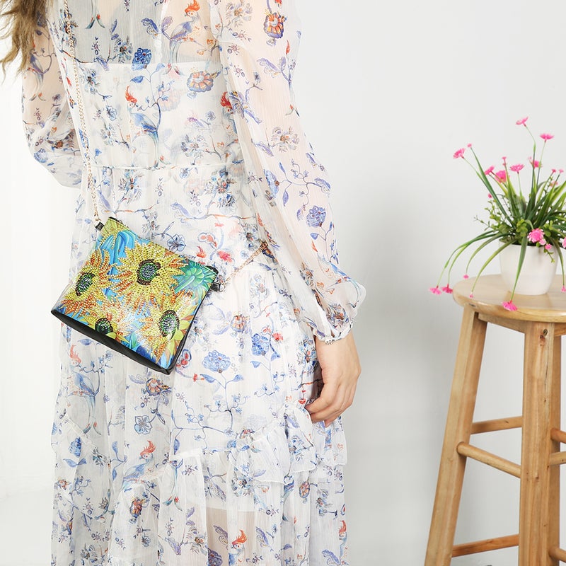 Diamond Painting Wallet Black PU Leather Sunflower Pattern Chain Bag DIY Hand Made Craft Gift - Image 5